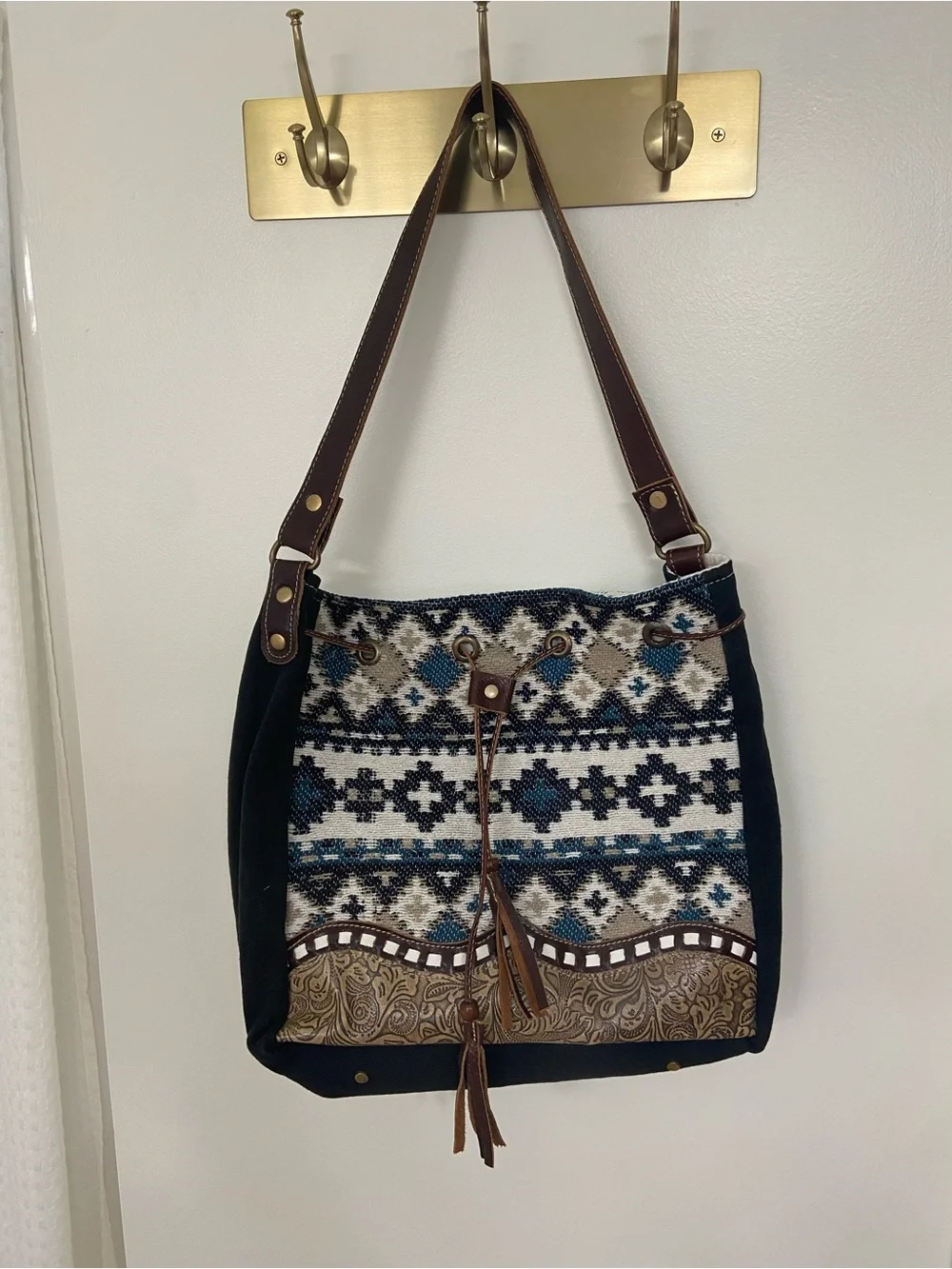 Myra Bag Boho Southwestern Bucket Shoulder Bag Leather Canvas Tassel